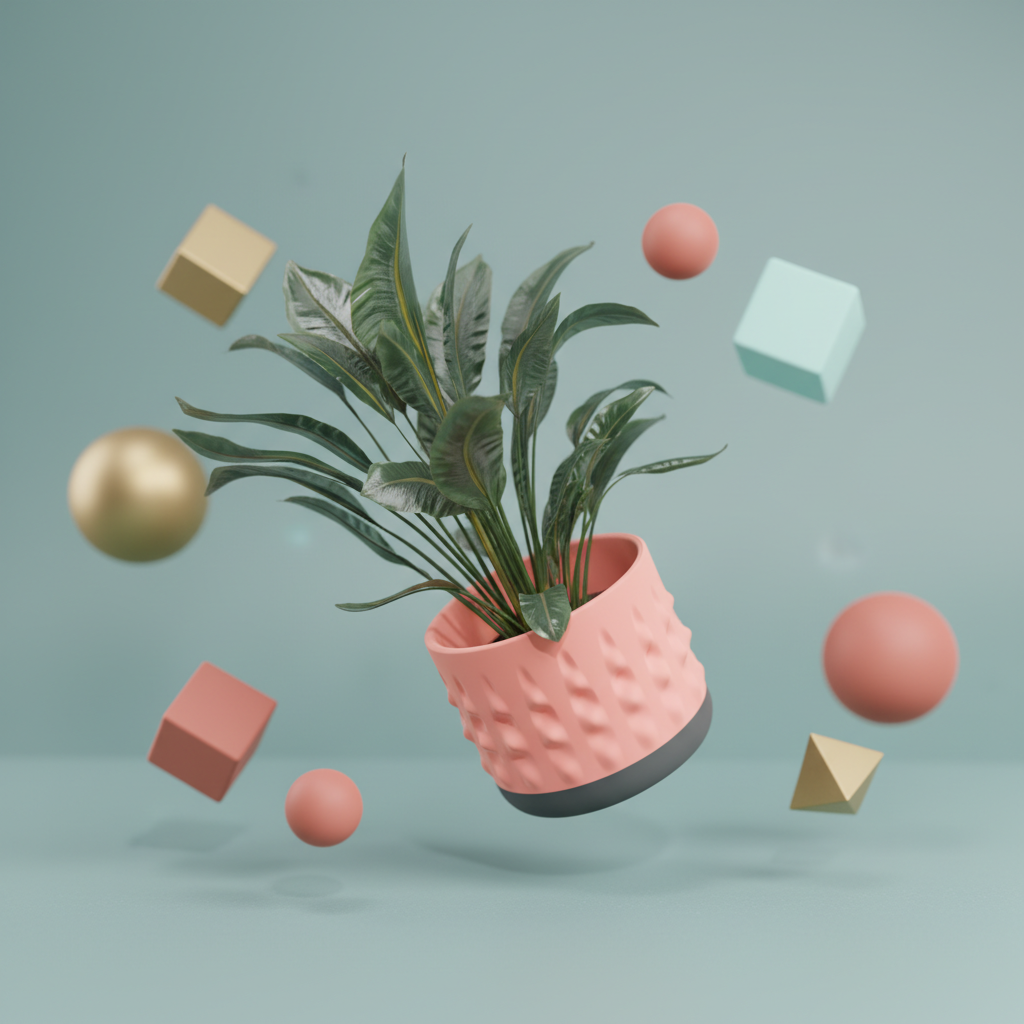Modern Organic Textured Planter salmon pink additional lifestyle render showing full form and contrasting base