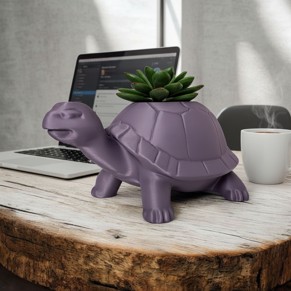 Dusty purple turtle planter with a small air plant on a wooden home office desk