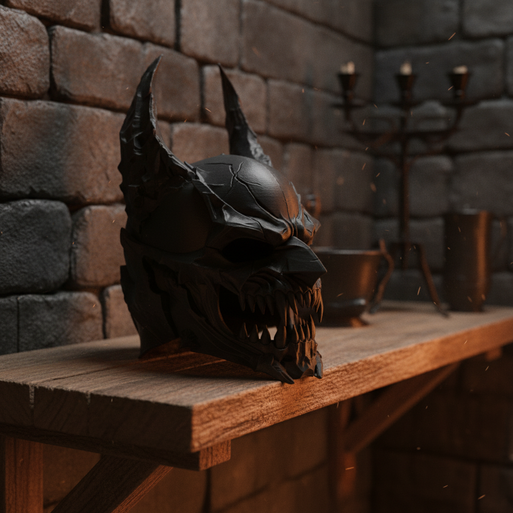 Deep charcoal Demon Skull Helmet Sculpture displayed on a rustic shelf in a dark fantasy room