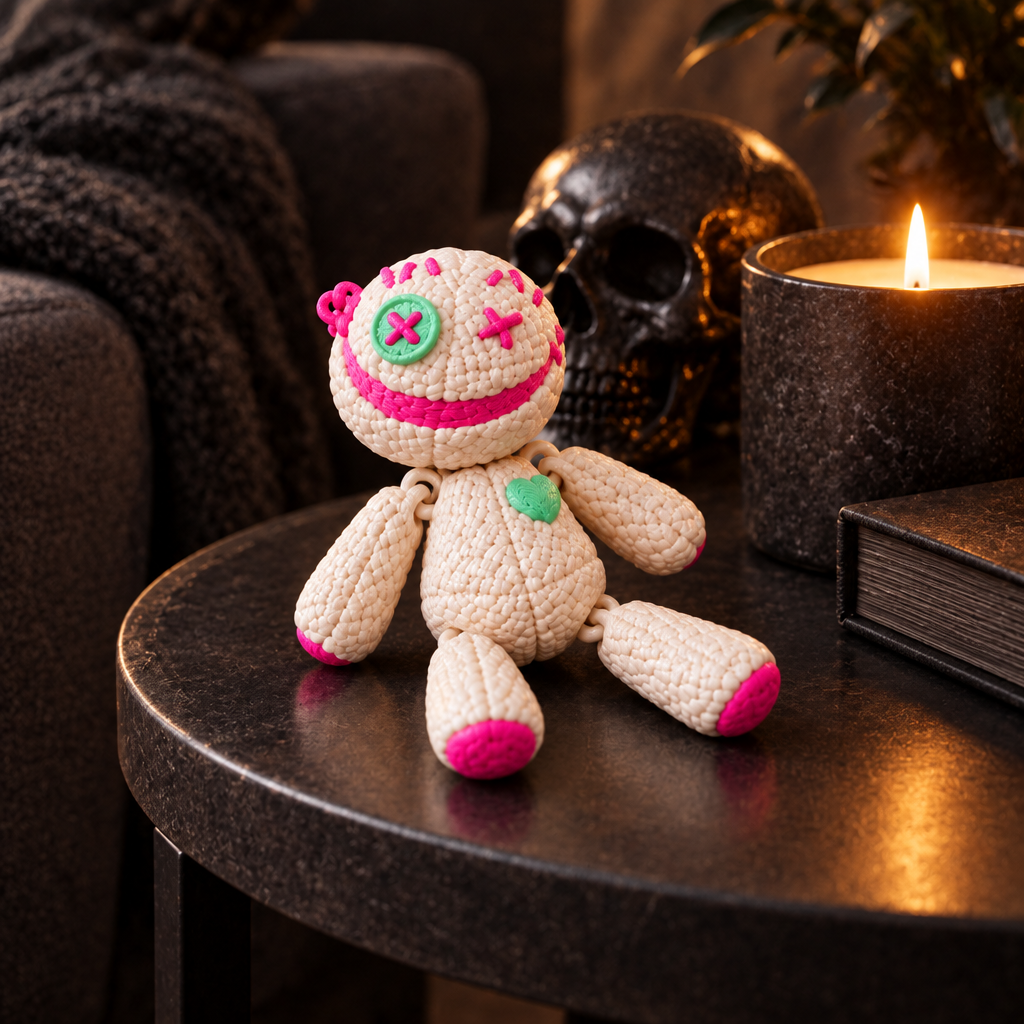 Cream and pink Vodoo Doll on charcoal side table