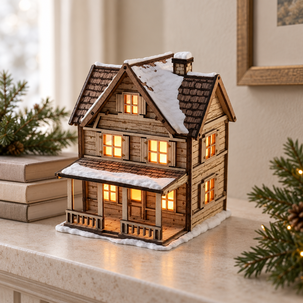 Tealight House styled on a pale stone shelf with neutral décor and evergreen
