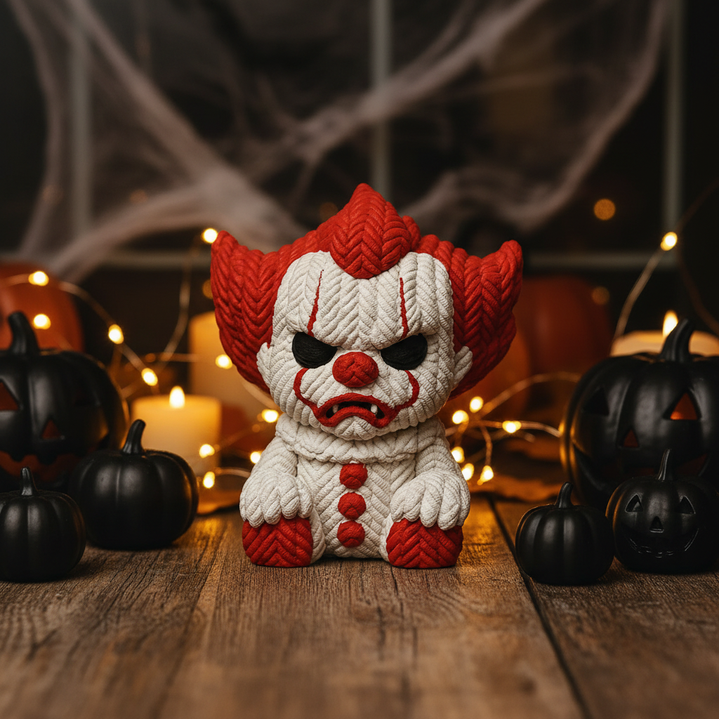 Red and white knitted-texture clown sculpture on a Halloween party table