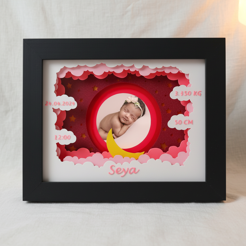 Close up of Baby Photo Frame Shadow Box showing dreamy layered clouds crescent moon with baby photo and personalised birth details