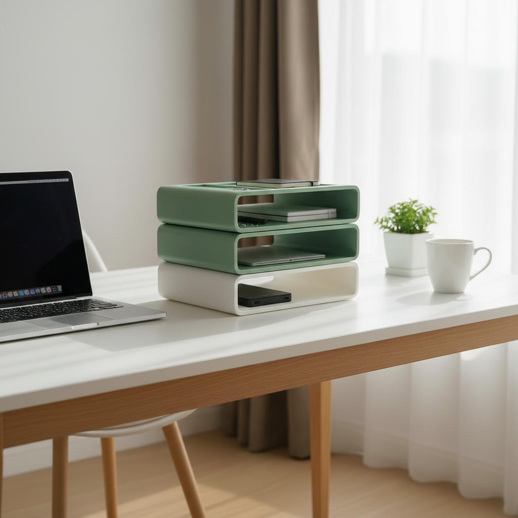 Sage green stackable organizer on a Scandinavian desk with laptop and plant