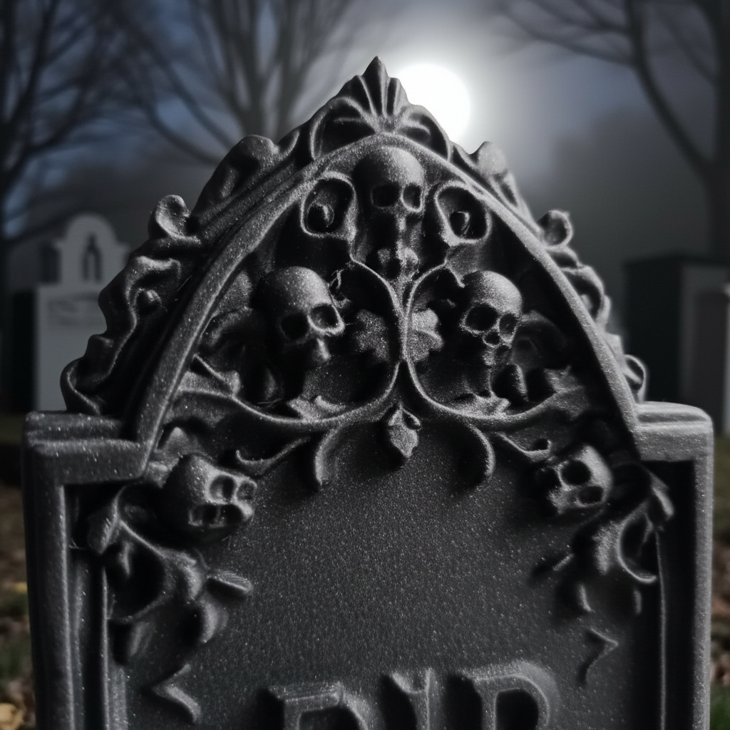 Close up detail of grey gothic tombstone skull and baroque scroll relief in dramatic side lighting lifestyle