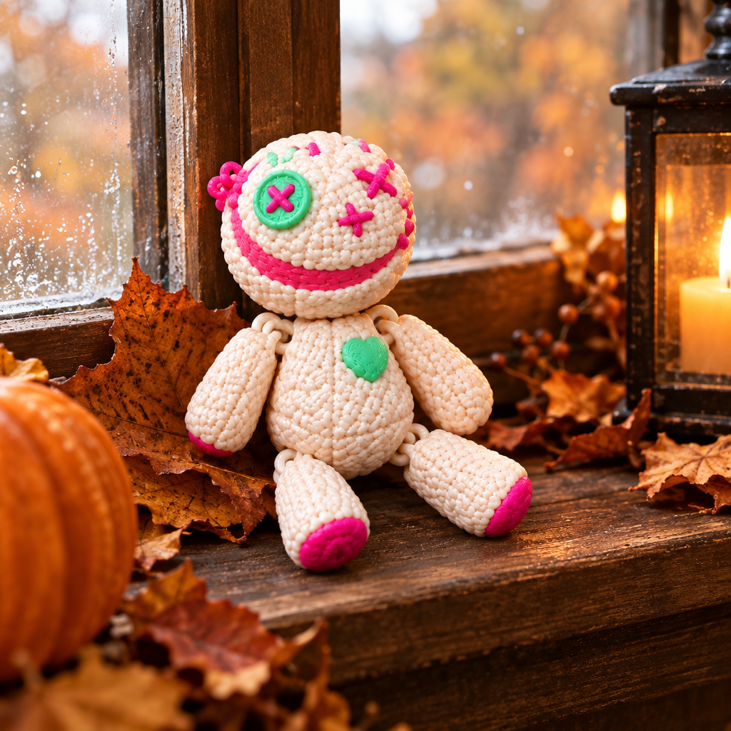 Cream and pink Vodoo Doll on autumn windowsill