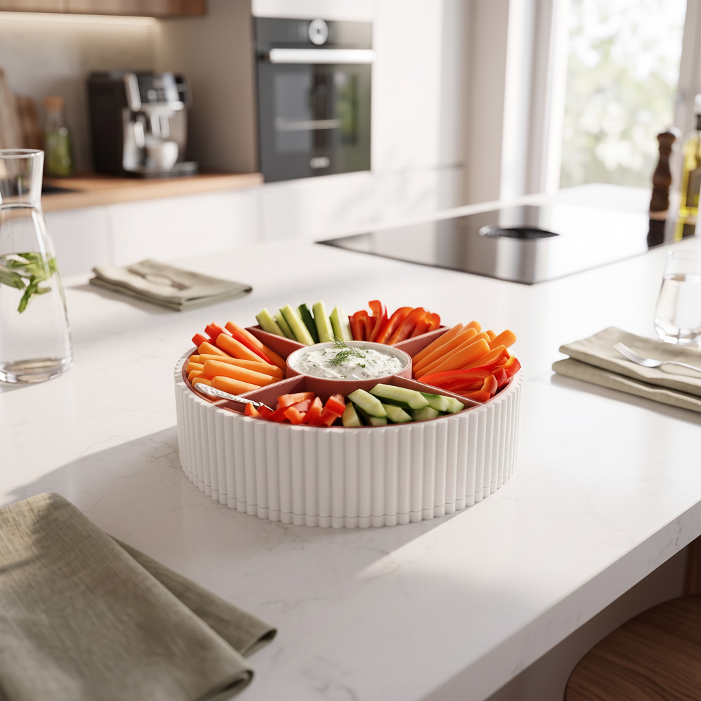 360-Degree Rotatable Ribbed Multi-Tray with fresh vegetables on a bright modern kitchen island