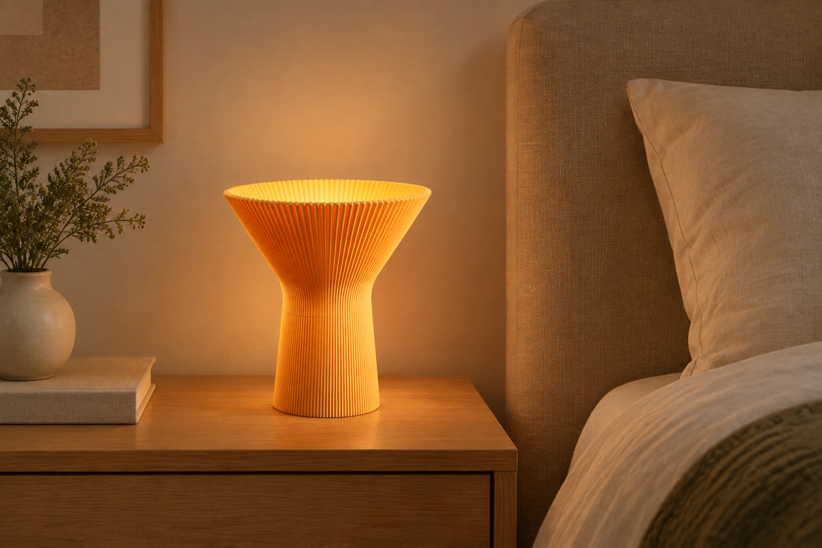 Orange inverted funnel lamp with fine pleats on a bedside table in a calm modern bedroom.