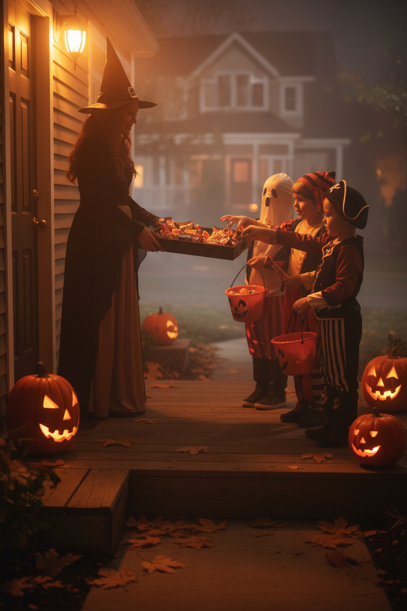 Black Halloween candy tray being held at front door to trick or treaters Halloween evening lifestyle