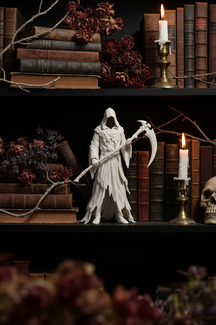 Grim Reaper figure on gothic bookshelf with candles and aged books