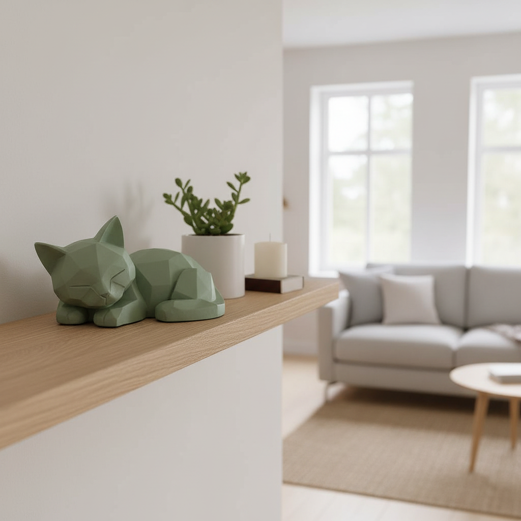 Sage green Low-Poly Sleeping Kitten Sculpture on a Scandinavian shelf with a small plant and candle