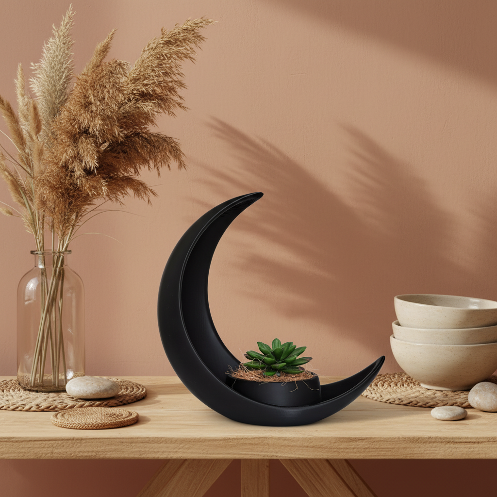 Black crescent moon planter with succulent on a boho console table