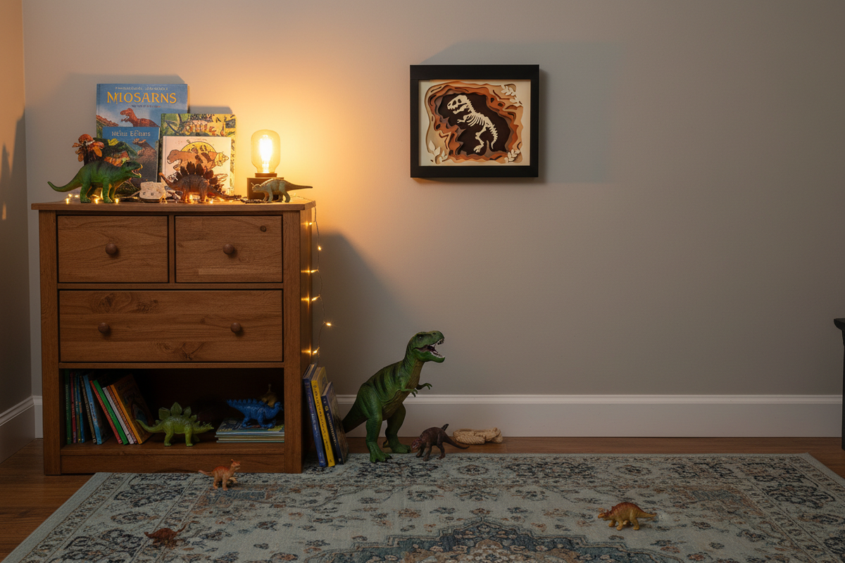 Dinosaur shadow box displayed in a boy's bedroom with dinosaur toys and warm lighting