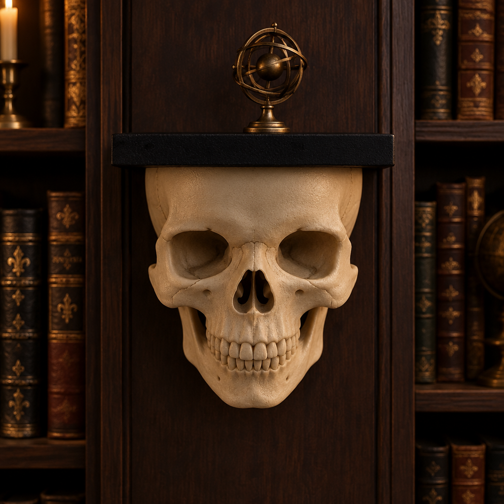 Front-facing Skull Shelf in a warmly lit gothic library