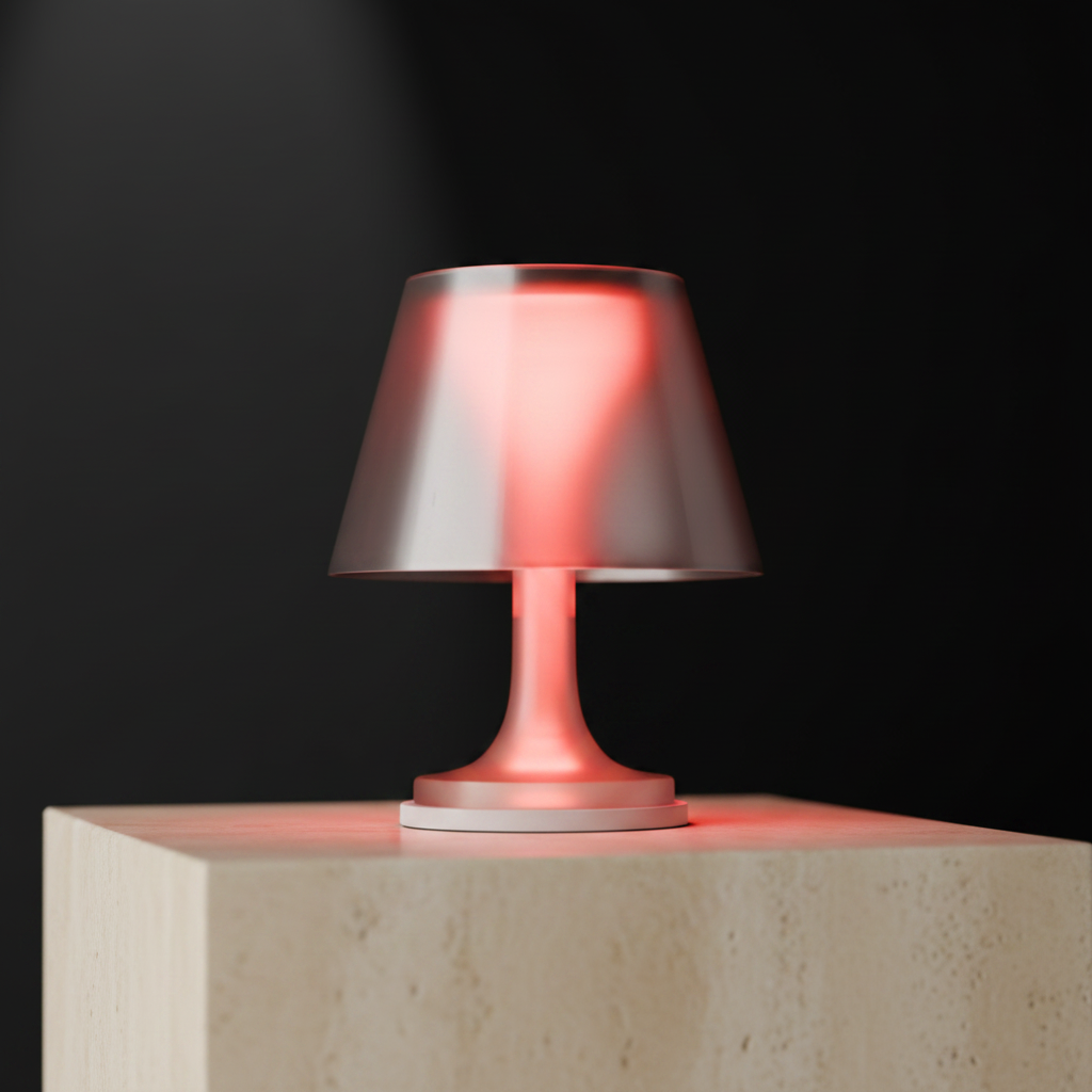 Modern Ambient Table Lamp vivid coral red glowing intensely translucent tapered shade slim stem round base pale travertine black studio background dramatic light bloom square editorial