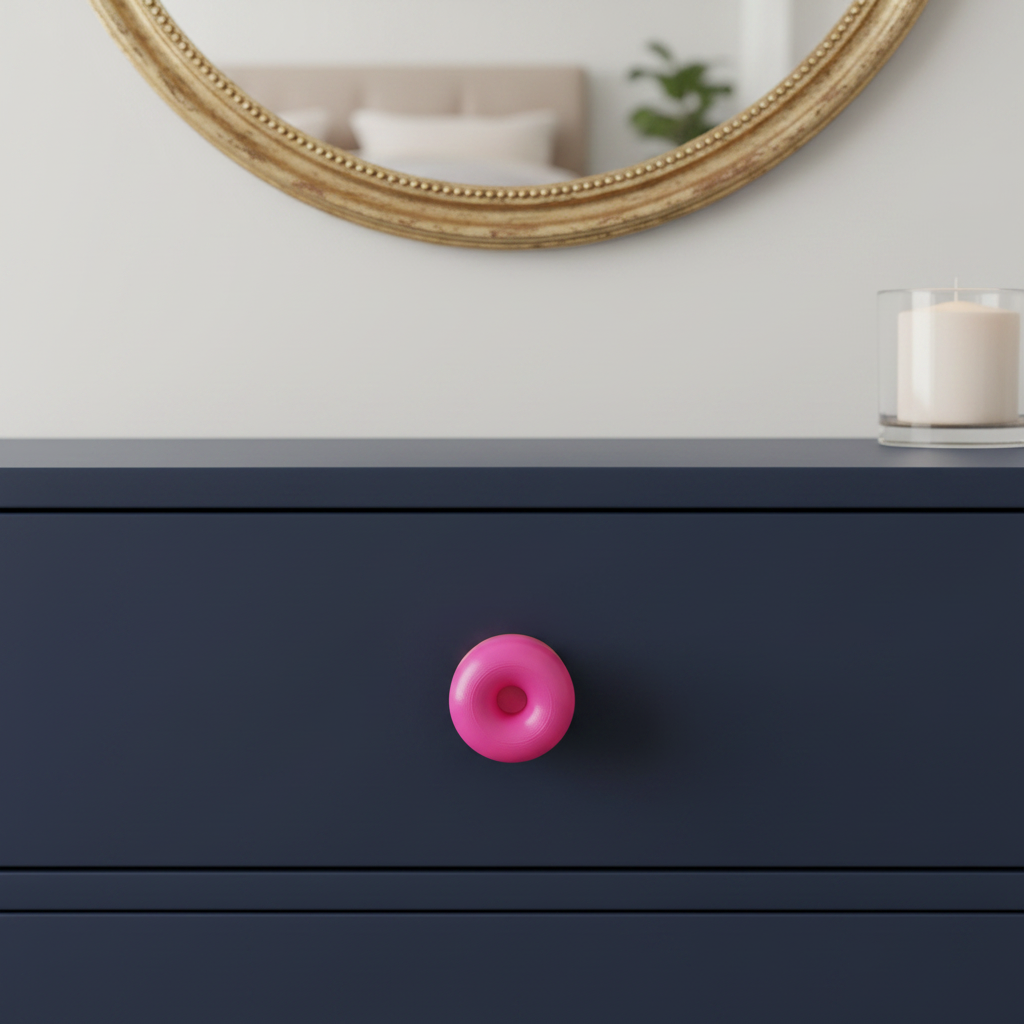Double Donut knob pink on navy bedroom drawer