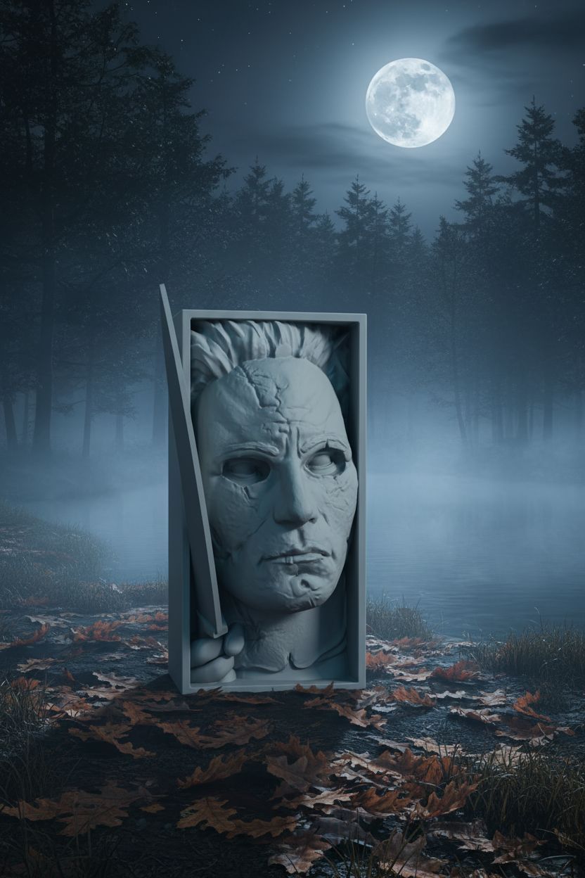 Jason Voorhees book nook relief sculpture grey framed box misty forest lake ground fog dry leaves moonlit atmospheric horror portrait