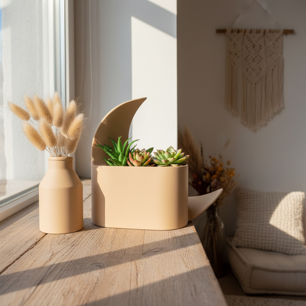 Warm beige crescent planter and vase set with succulents and pampas grass on a sunny windowsill