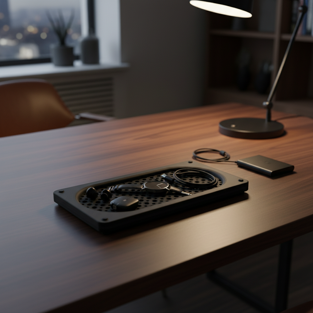 Black mesh tray with watch and accessories on walnut desk - lifestyle