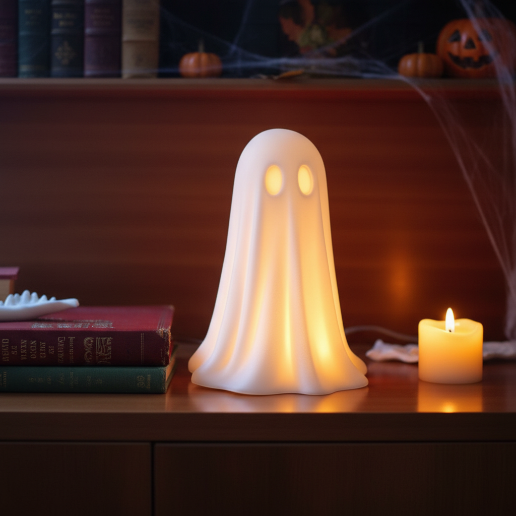 White glowing ghost on wooden bookshelf beside vintage books Halloween lifestyle