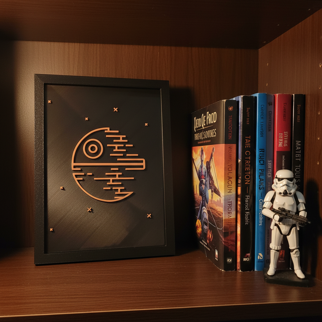 Death Star neon line art shadow box on a collector shelf beside sci-fi books and an Imperial figurine