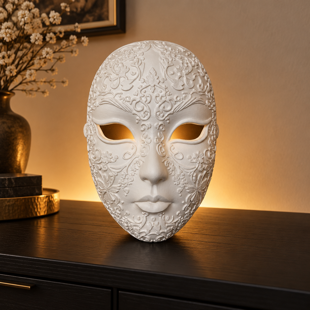 White ornate mask displayed on a sideboard with warm light behind it