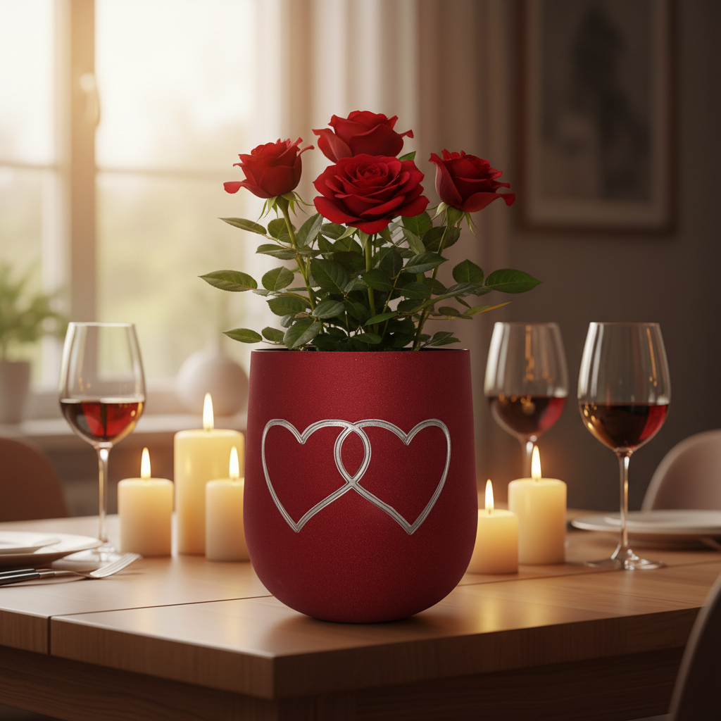 Deep red Two Hearts planter with a rose plant on a wooden dining table with candles and wine glasses