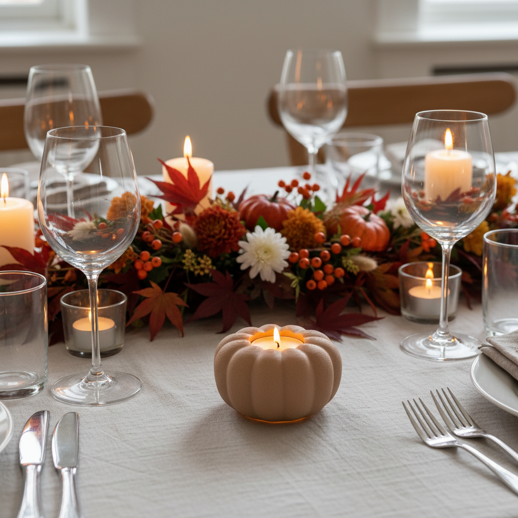 Beige pumpkin tealight holder glowing as autumn dinner table centrepiece with wine glasses lifestyle