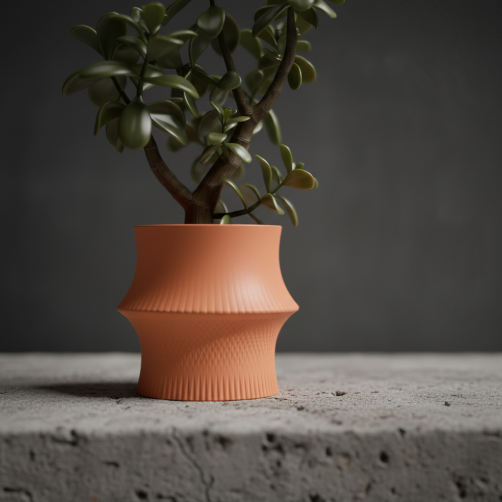 Close up macro terracotta orange sculpted hourglass desk planter ribbed lower half dramatic raking side light concrete surface