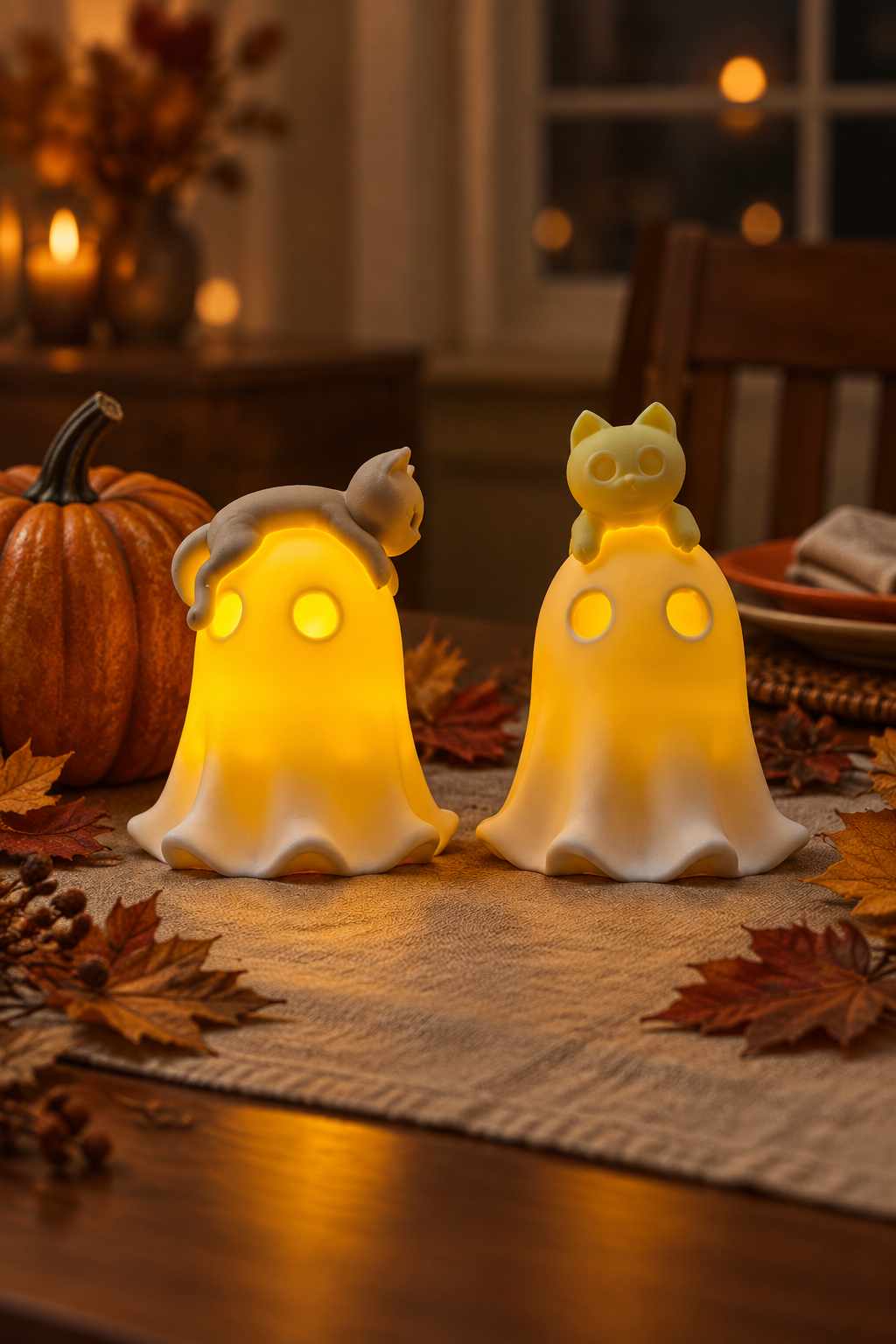 Two softly glowing ghost cat tealight holders on an autumn dining table with pumpkins and leaves