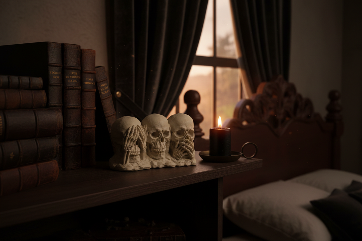 See No Evil Hear No Evil Speak No Evil Skull sculpture on a gothic bedroom shelf