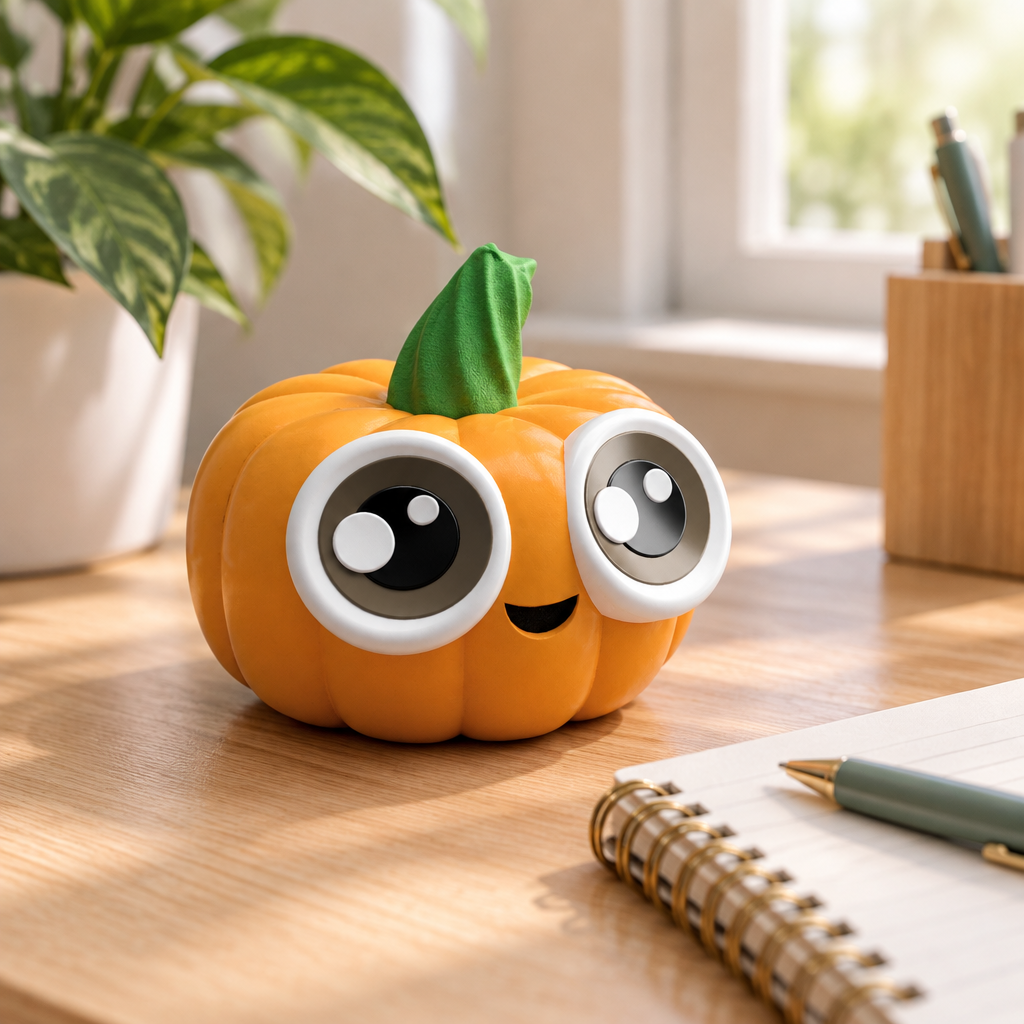 Cute Li'l Pumpkin displayed on a bright desk beside a notebook