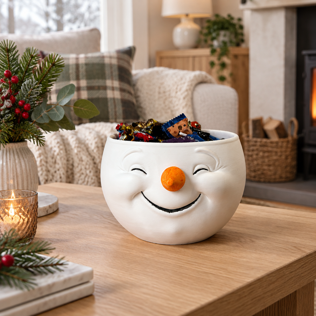 White snowman-head snack bowl with wrapped chocolates on a living-room coffee table