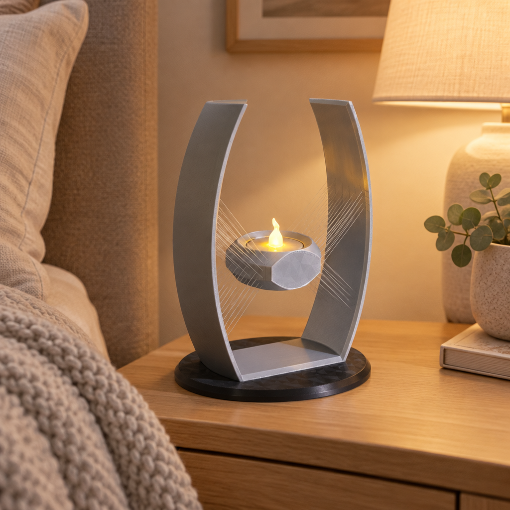 Suspended tealight holder on a bedside table