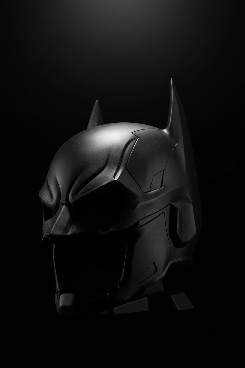 Batman cowl helmet replica sculpture black matte twin bat ears angular visor diamond eye apertures display base dramatic low angle hero shot pure black studio single overhead key light deep dramatic shadow portrait