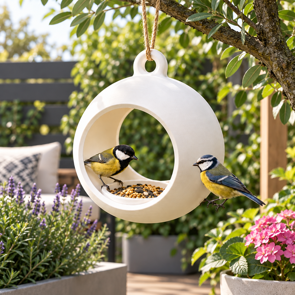 Sphere feeder on contemporary terrace
