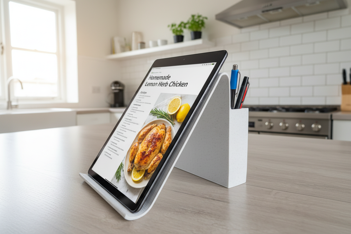 Tablet Stand With Pen Holder on a kitchen counter holding a tablet displaying a recipe