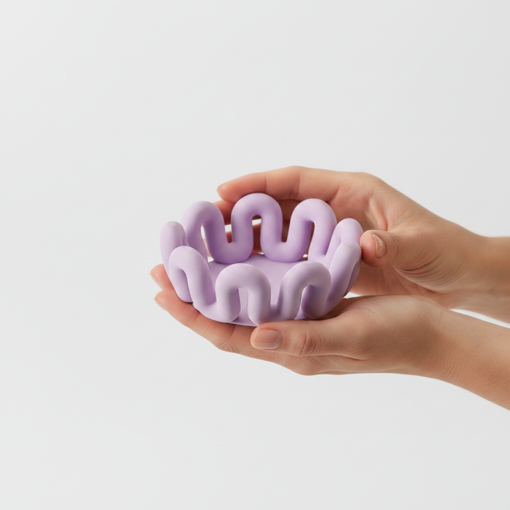 Hands cradling single lilac wibble bowl studio close-up - lifestyle
