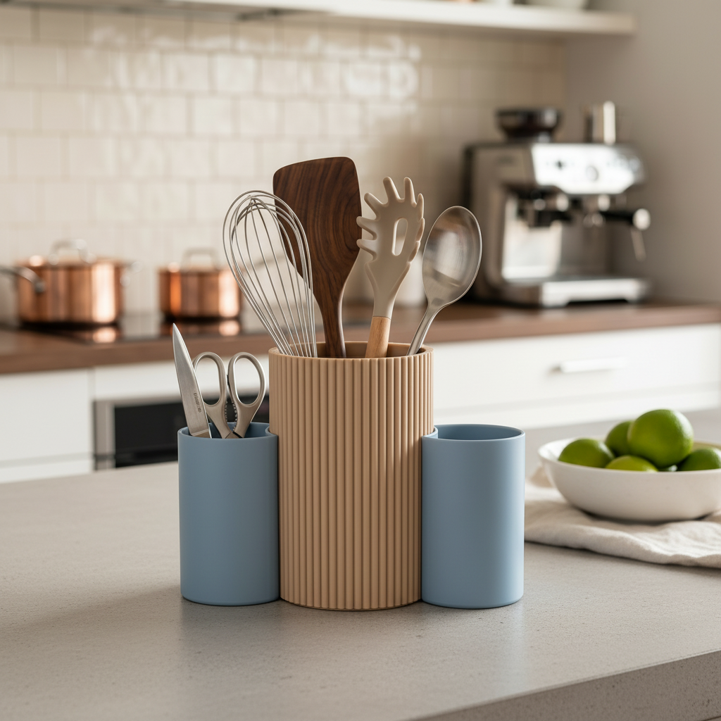 Three-Cup Combo Kitchen Utensil Caddy - beige and blue colourway filled with cooking utensils on concrete counter, bowl of limes and linen cloth in background