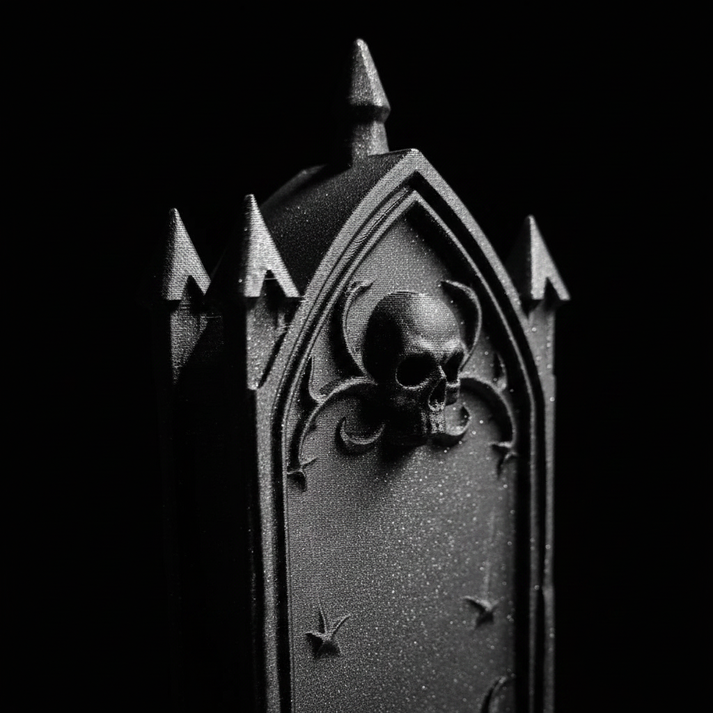 Scary Halloween tombstone dark grey sparkle extreme macro close up skull vine arch gothic spire top ornate relief surface texture black studio dramatic raking side light every skull vine tendril raised star motif sharp precise sculptural shadow detail square editorial