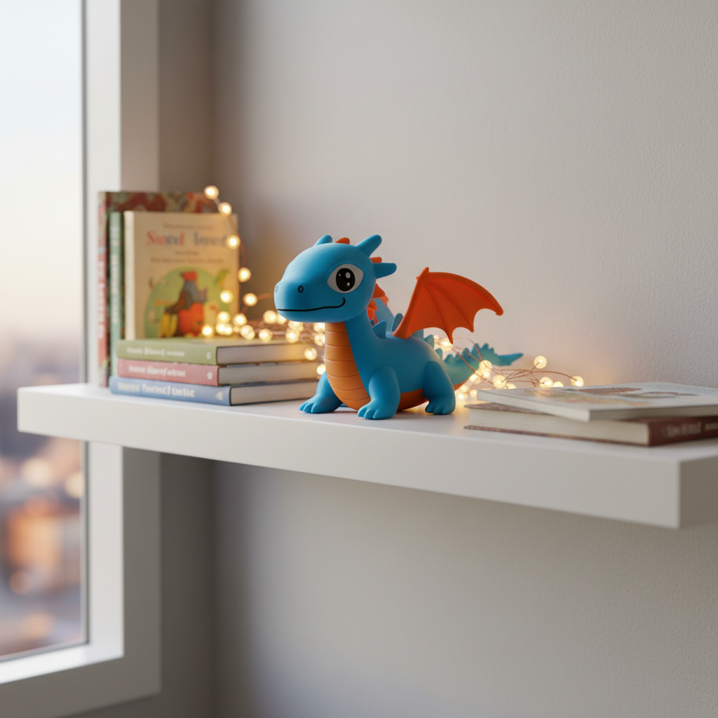 Little Charmkeeper Dragon Figurine - blue colourway on bedroom shelf with fairy lights