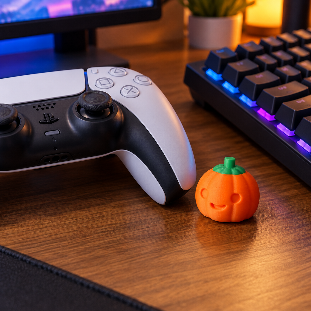 Pumpkin clicker at a gaming desk.