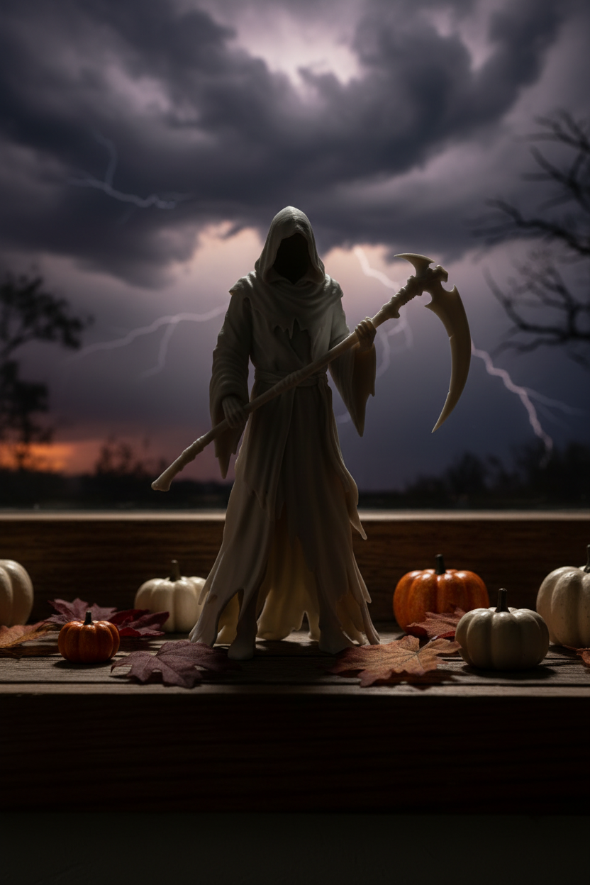 Grim Reaper figure on windowsill with dramatic stormy sky backdrop