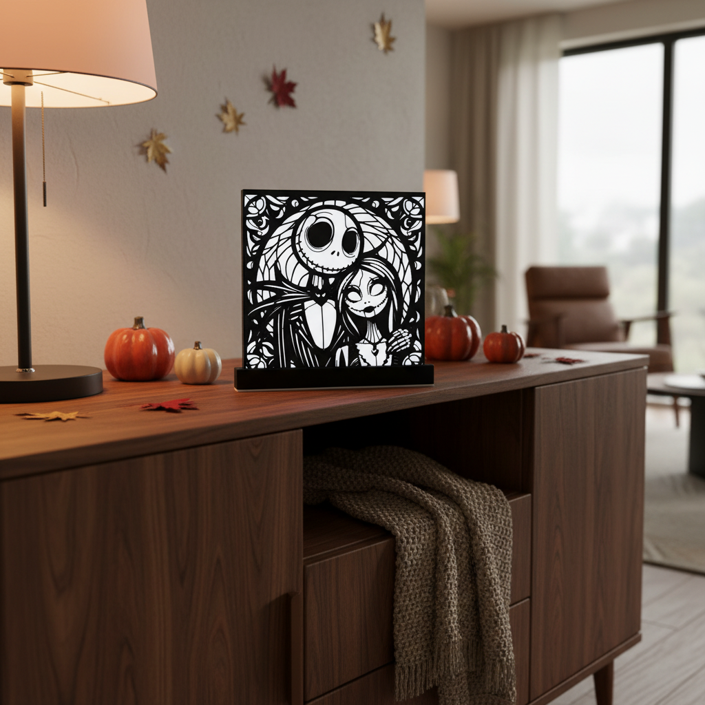 Jack and Sally Nightmare Before Christmas shadow box display on a living room sideboard