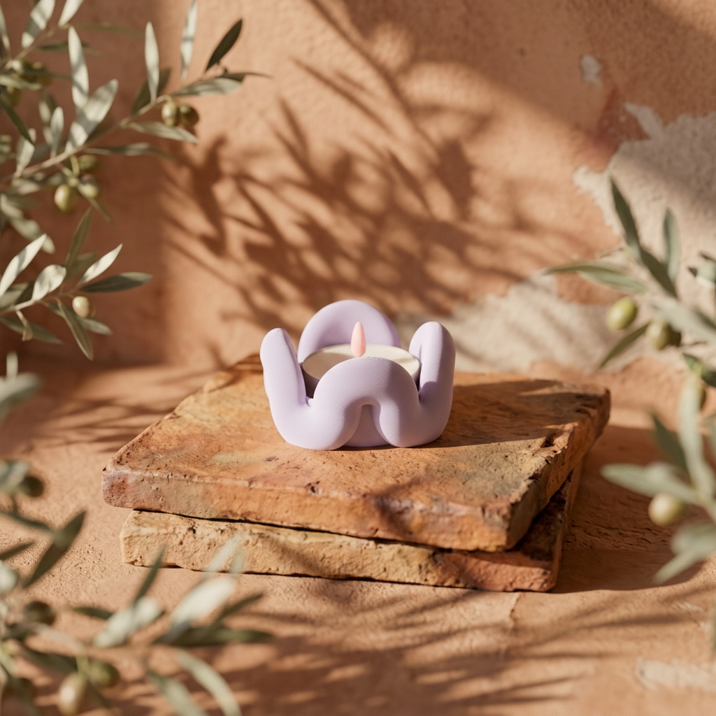 Wibble tealight holder on terracotta cork with olive branches and dappled sunlight