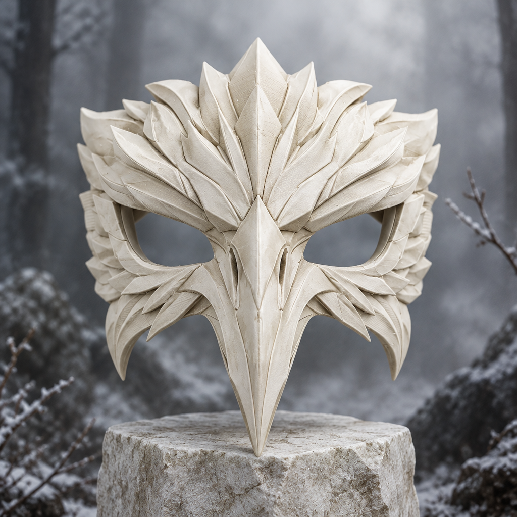 Bone-coloured feathered bird mask in a winter woodland studio, strap not included