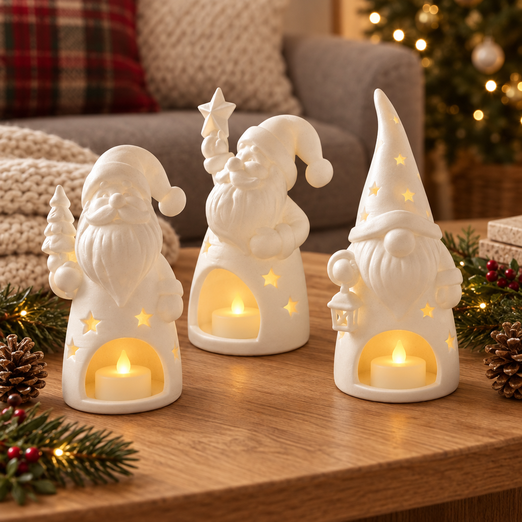 Three festive Santa and gnome tealight holders styled on a cosy coffee table