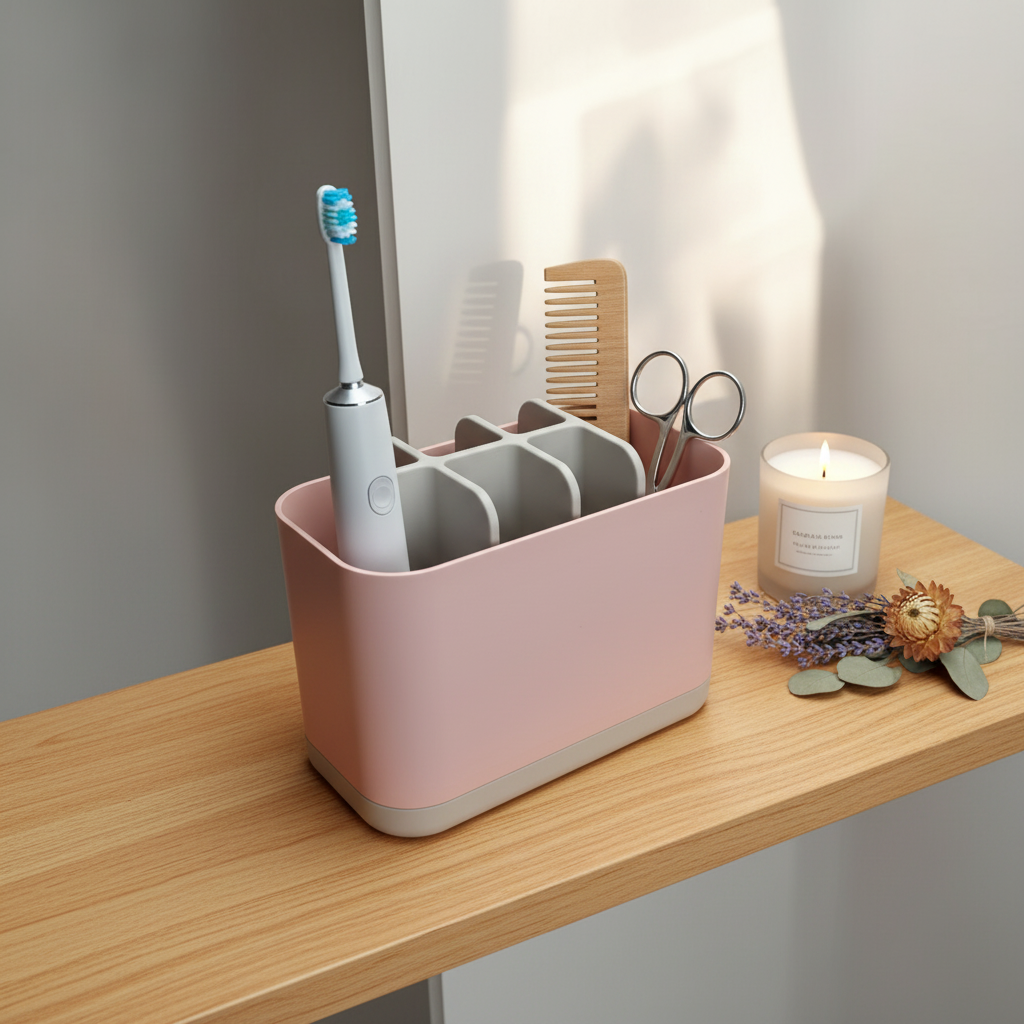 Dusty pink two-tone bathroom organizer on wooden shelf with candle and dried flowers