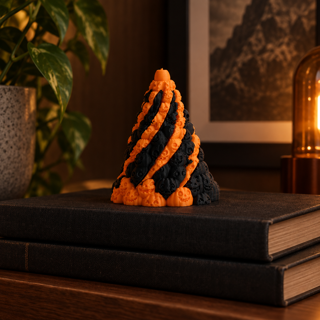 Orange and black Skull Mountain fidget displayed on dark books