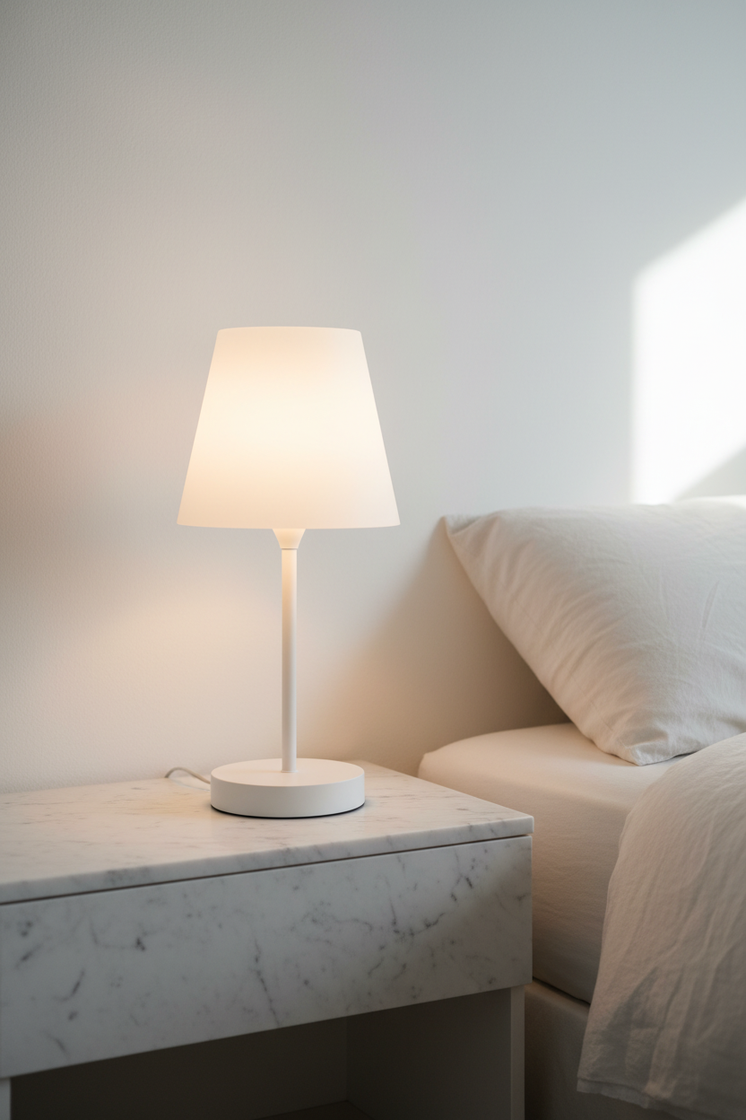 Modern Ambient Table Lamp soft warm white glowing translucent tapered shade slim stem round base white marble nightstand bright minimal bedroom linen bedding Scandinavian morning light portrait